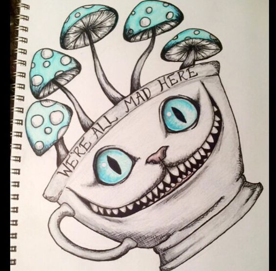 Crazy black-and-turquoise cheshire cat cup and mushrooms tattoo design