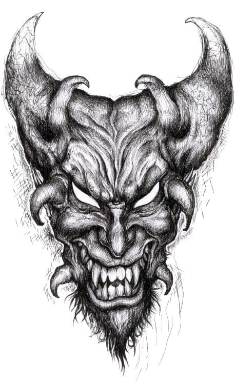Design de tatuagem de cara de demônio cego de tinta preta louco por The Lob