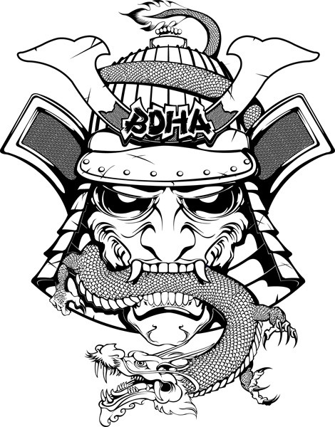 Samurai demônio de tinta preta louca mantendo uma cobra no desenho de tatuagem de dentes
