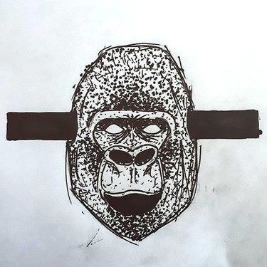 Crazy blind-eyed gorilla head on horizontal stripe background tattoo design