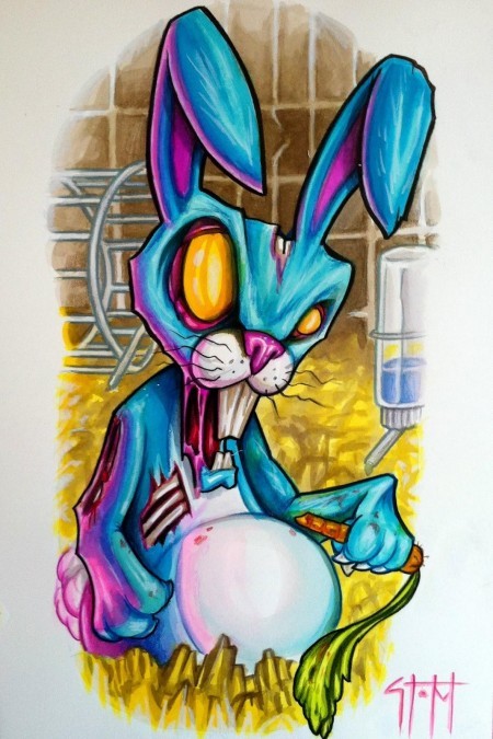 Crazy bright blue hare zombie with yellow eyes tattoo design