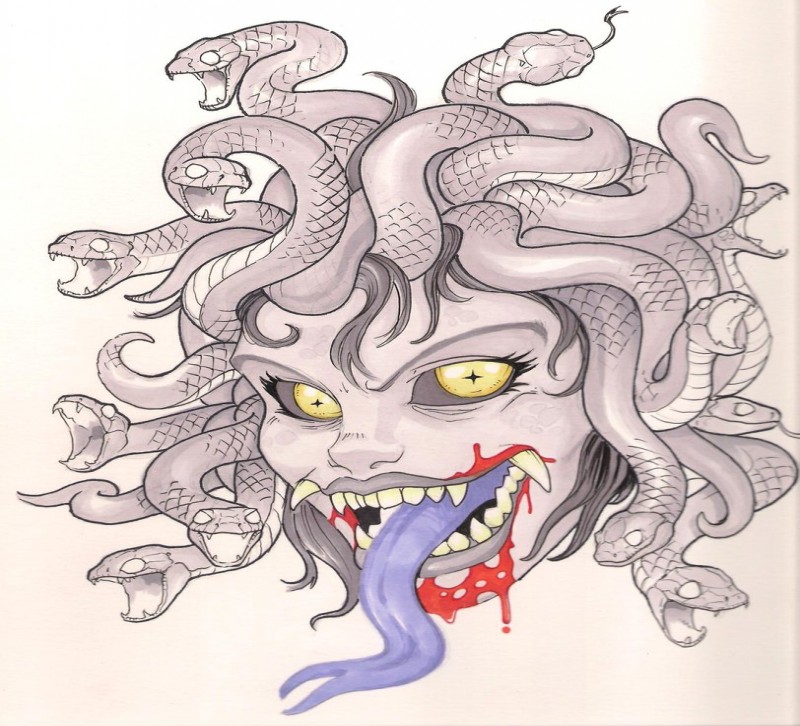 Crazy cartoon medusa gorgona with blue snake tongue tattoo design by Joe Bananaz