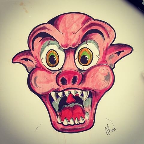 Crazy cartoon screaming pig muzzle tattoo design