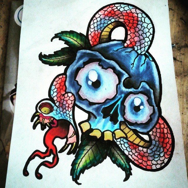 Crazy cartoon vivid-color snake and blue skull tattoo design