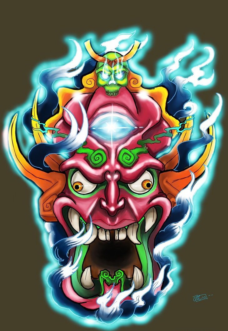 Crazy colored japanese kabuki demon mask tattoo design