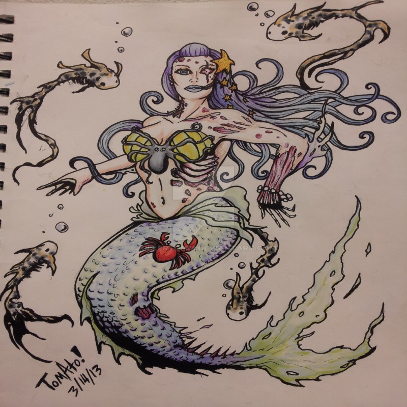 Crazy colored zombie mermaid tattoo design by Killer Tomm