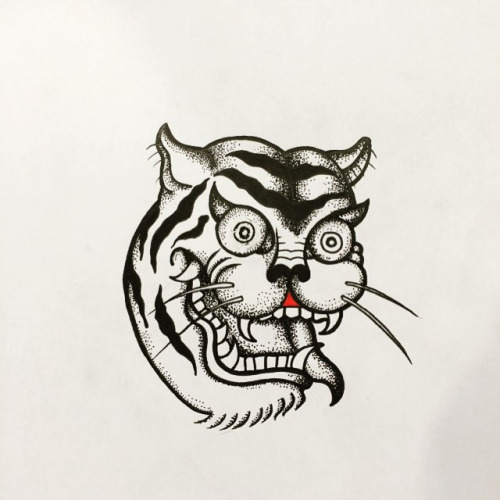 Crazy dotwork tiger head with hanging tingue tattoo design
