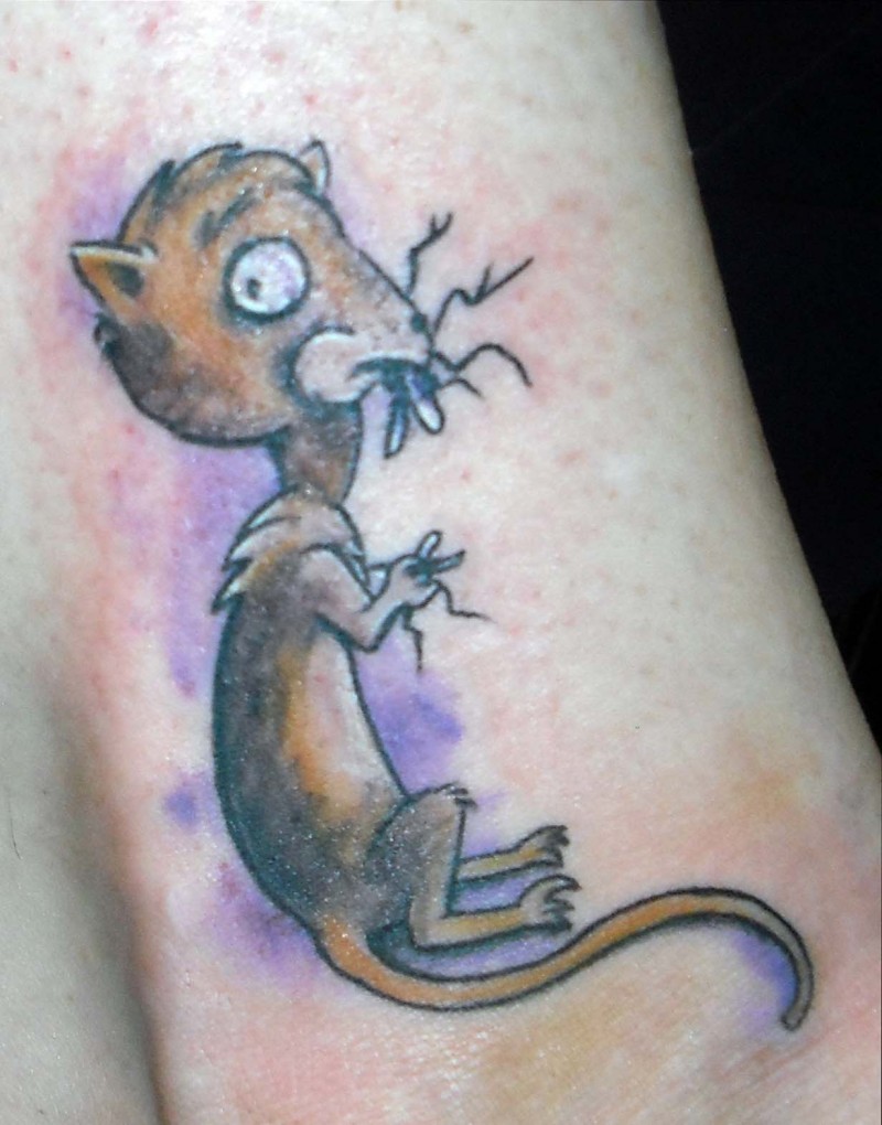 Crazy funny color-ink rodent tattoo on leg