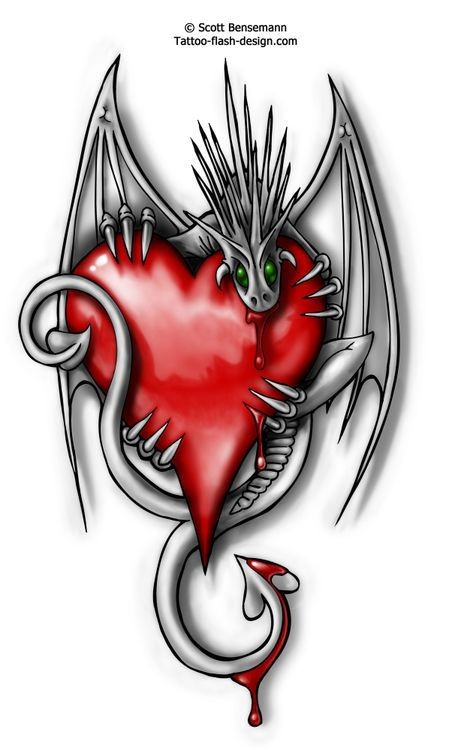 Crazy grey-ink green-eyed dragon embracing a red heart tattoo design