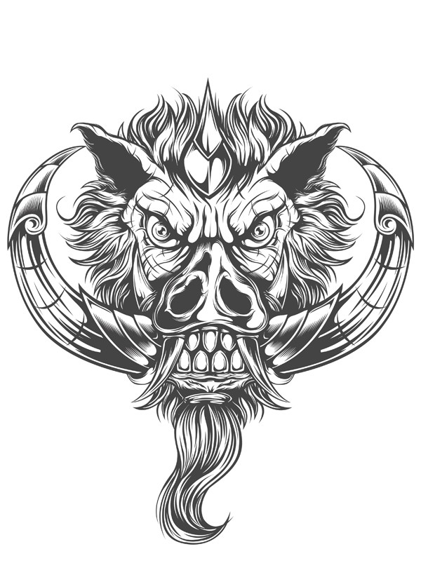Crazy grey-ink wild pig head with gigant horns and cunning grin tattoo design