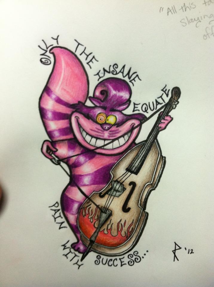 Crazy pink cheshire cat playing a violin tattoo design