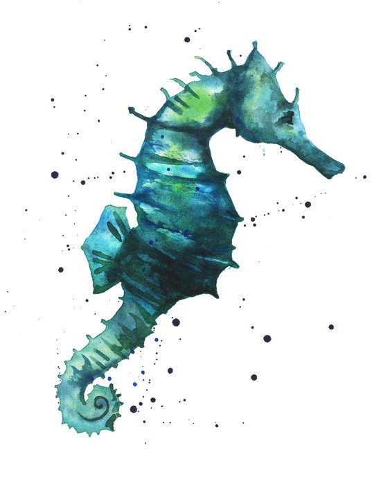 Creative turquoise watercolor seahorse and tiny splashes tattoo design