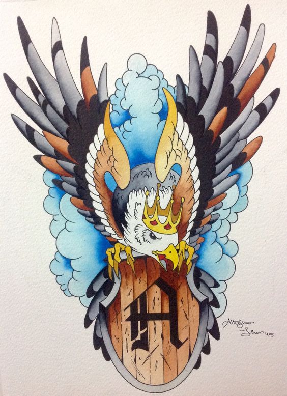 Crowned eagle sitting on coat of arms on cloudy background tattoo design