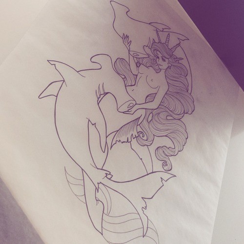 Crowned mermaid with hummer sharks tattoo design