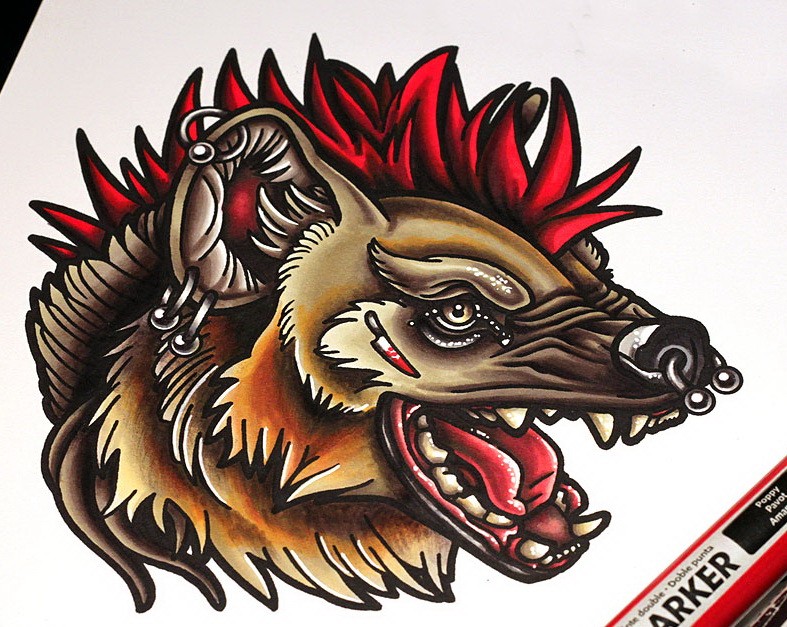 Crying dog with earings and red iroquois tattoo design by Katya Kabum