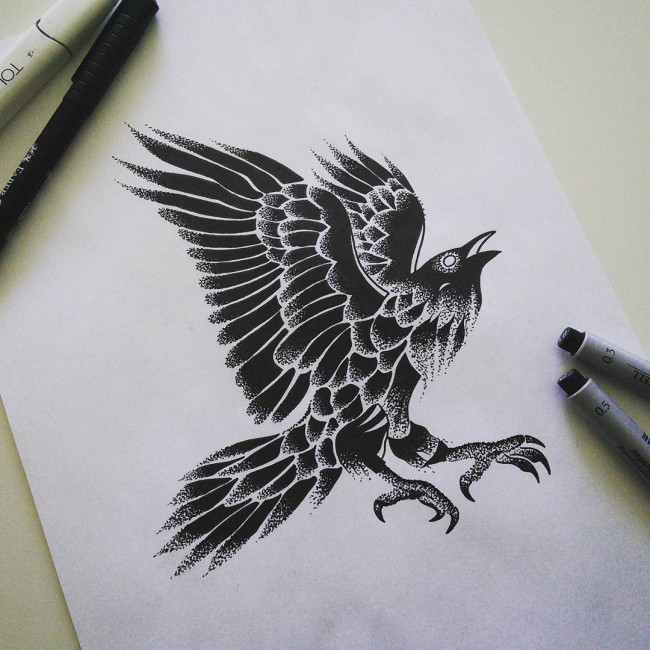 Crying dotwork raven tattoo design