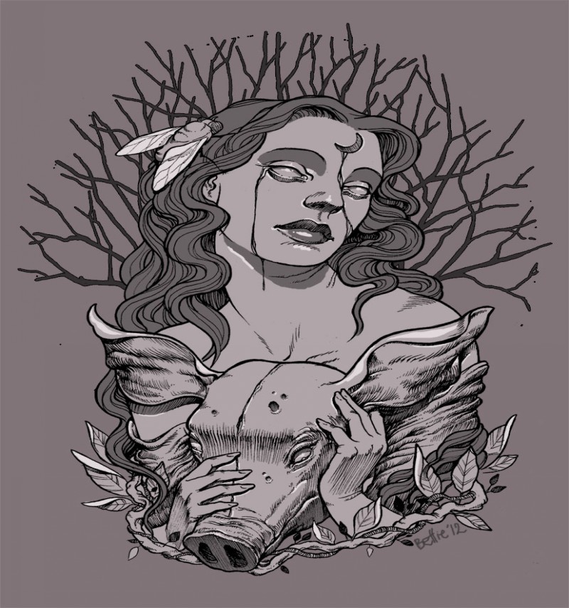Crying girl keeping dead pig head in hands tattoo design by Bhbettie