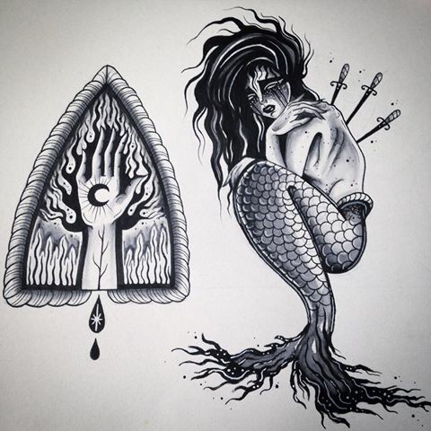 Crying mermaid killer with three daggers and sacred hand symbol tattoo design