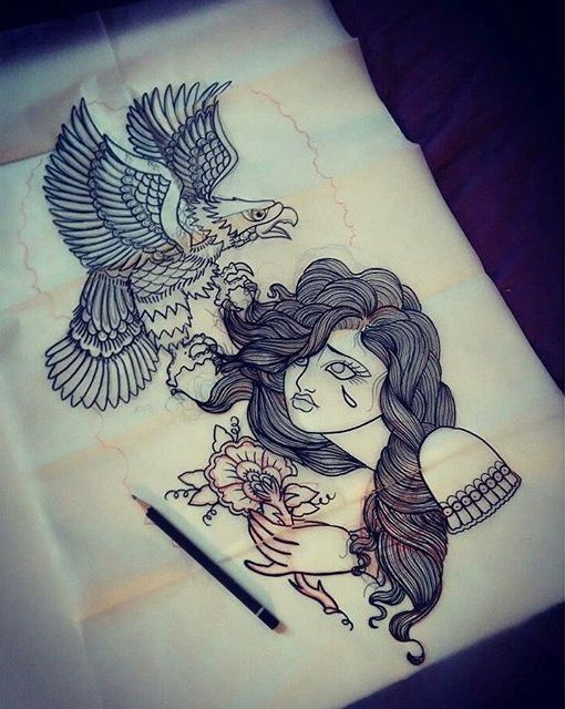 Crying old school woman and an eagle tattoo design
