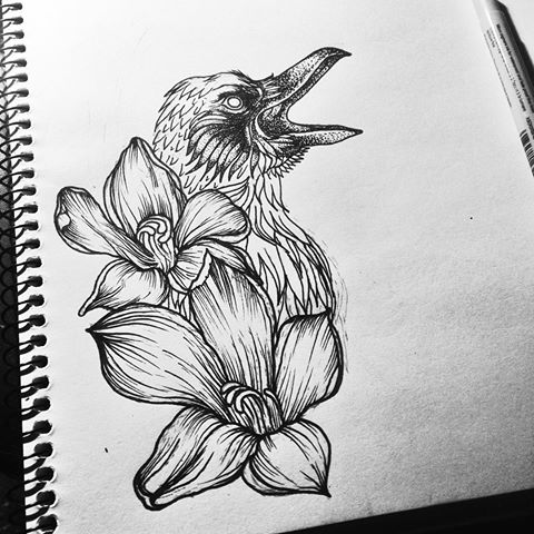 Crying raven and flowers tattoo design