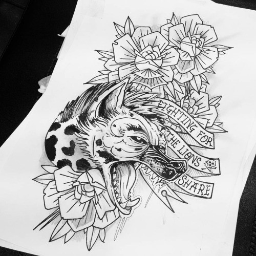 Crying spotted wild animal and huge flower buds tattoo design