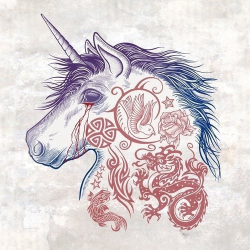 Crying unicorn with red-ink tattooed skin tattoo design