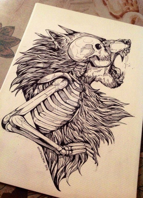 Crying wolf with a human skeleton inside tattoo design