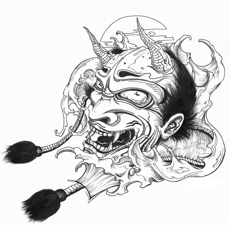 Desenho de tatuagem de cabeça de demônio asiático preto-e-branco astúcia