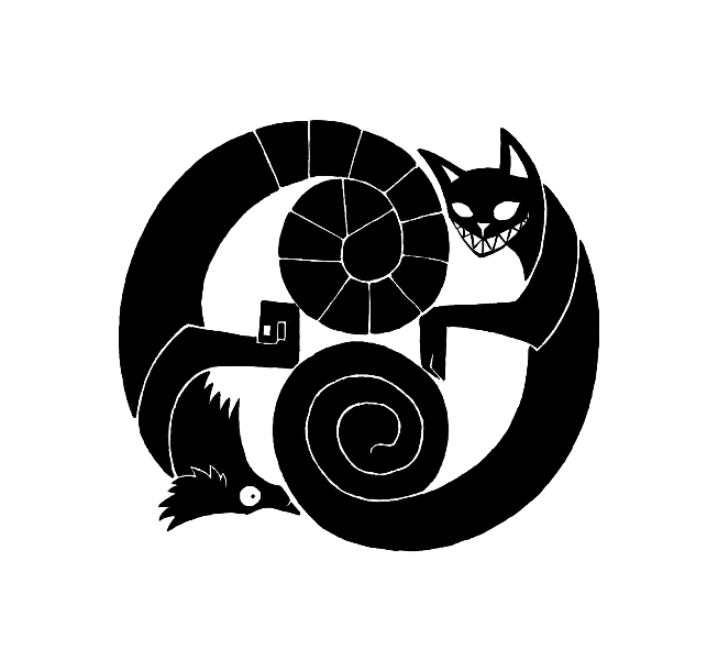 Cunning black-ink lemur and cat with curled tails tattoo design by Chikken Noodul