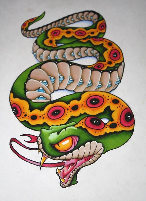 Cunning colorful new school crawling snake tattoo design