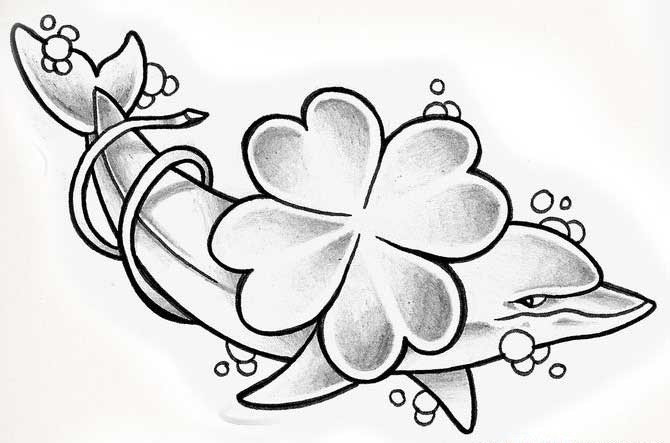 Cunning grey-ink dolphin and four-leaved clover tattoo design