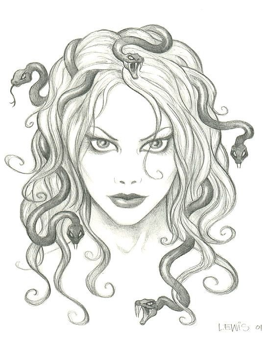 Cunning grey-ink medusa gorgona portrait tattoo design