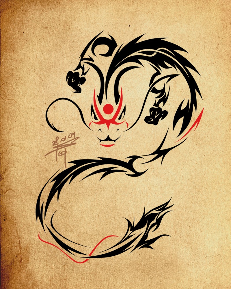 Cunning tribal dragon with red muzzle tattoo design