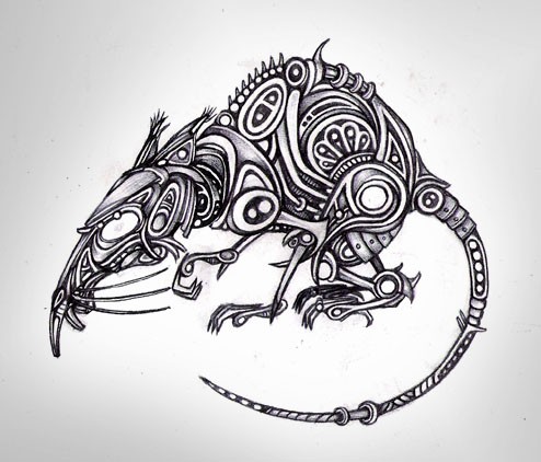 Cunning uncolored mechanical rodent tattoo design by Boswaldo