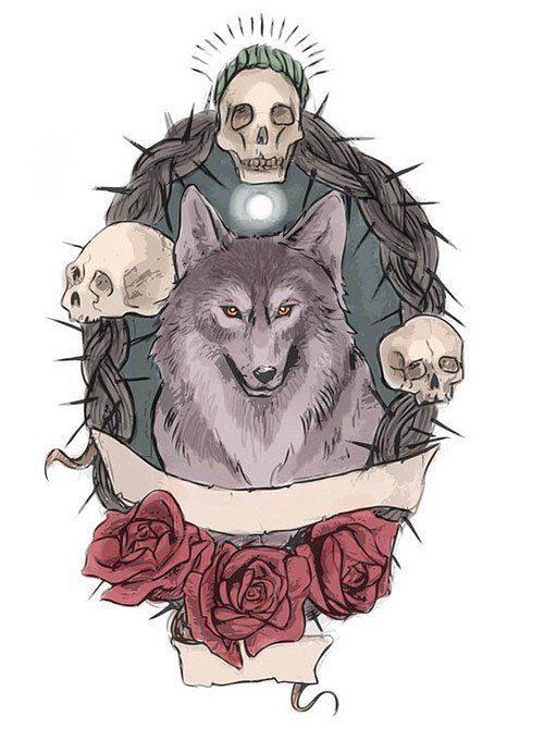 Cunning wolf portrait in a frame decorated with skulls and red roses tattoo design