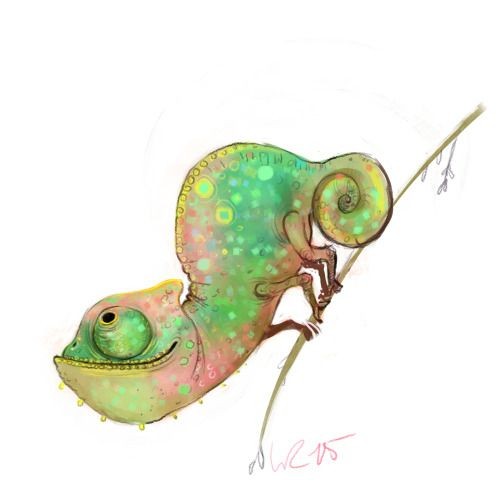 Curious animated colorful chameleon tattoo design