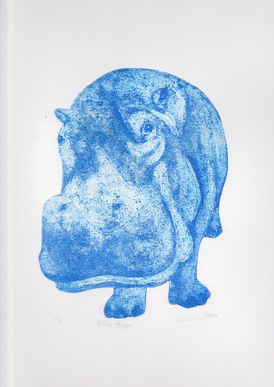Curious blue-ink dotwork hippo tattoo design