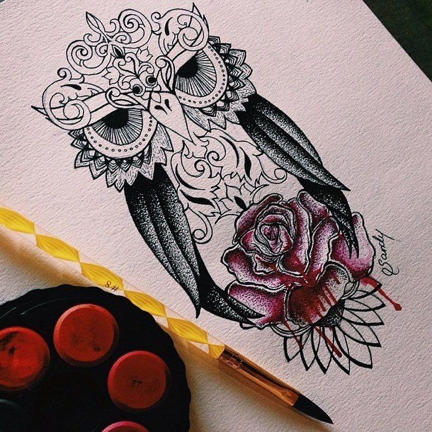 Curl-head owl with black wings and bloody red rose tattoo design