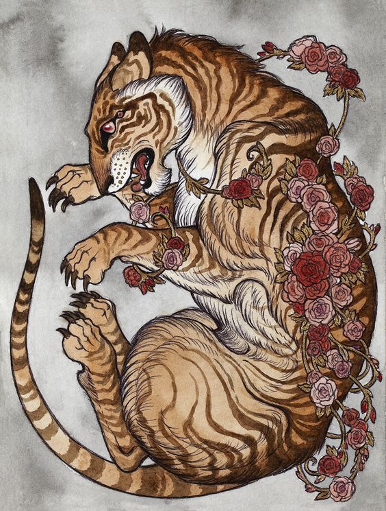 Curled colorful tiger with little roses tattoo design