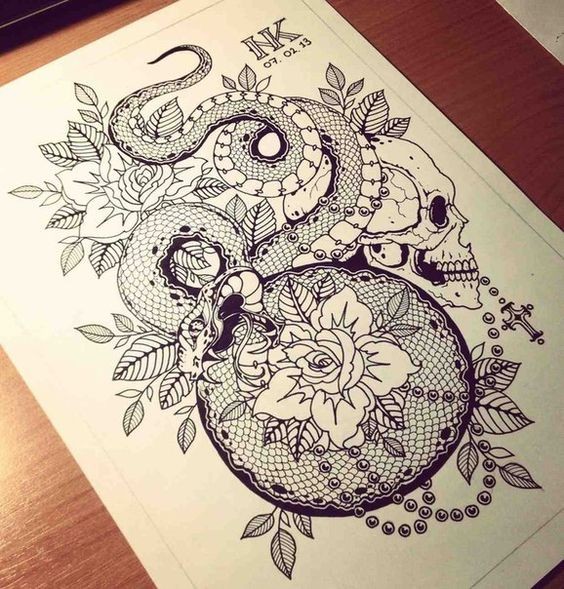 Curled snake and skull with beads and roses decorations tattoo design