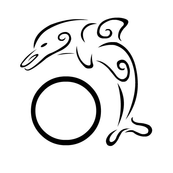 Curly-line dolphin and simple blak-line circle tattoo design