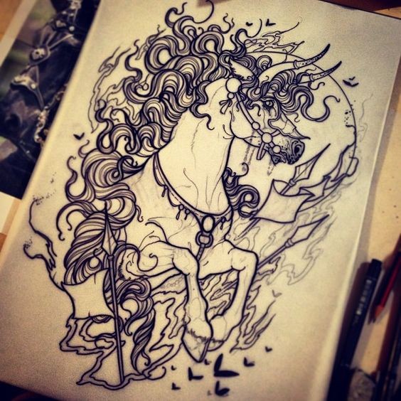 Curly-mane horse with spears tattoo design