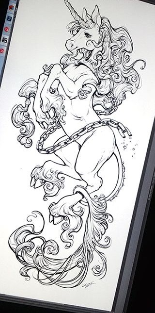 Curly-mane unicorn curled with chains tattoo design