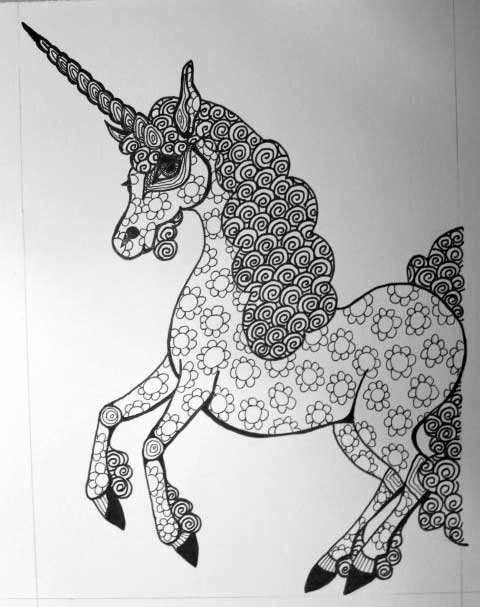 Curly-mane unicorn with floral skin print tattoo design