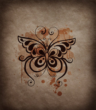 Curly butterfly on orange splashes background tattoo design