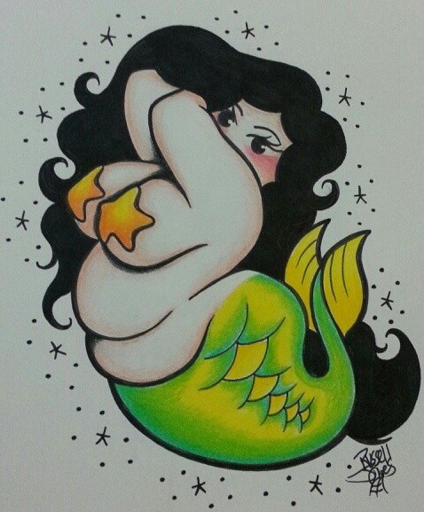 Cute amusing chubby mermaid with luxury brunette hair tattoo design
