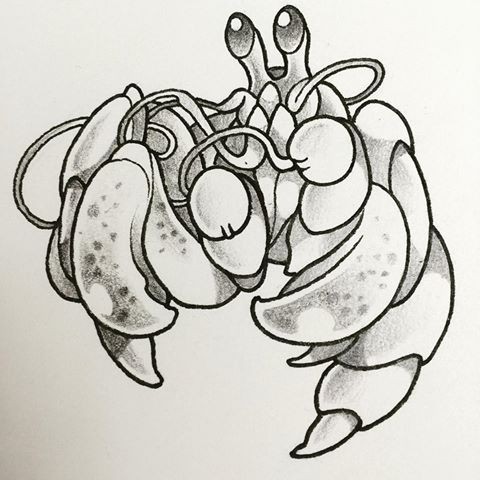 Cute animated grey-ink crab praying for something tattoo design