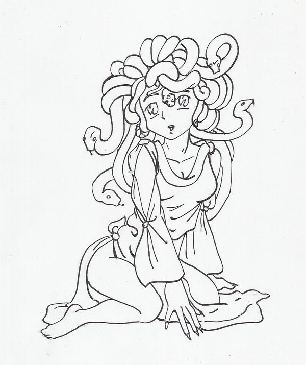 Cute animated uncolored sitting medusa gorgona tattoo design by Glyphbellchime
