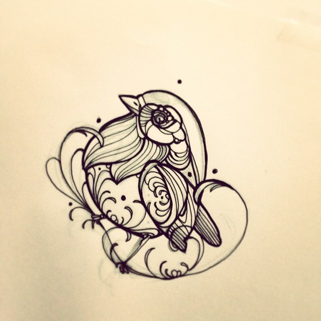 Cute ball-shaped ornate sparrow tattoo design