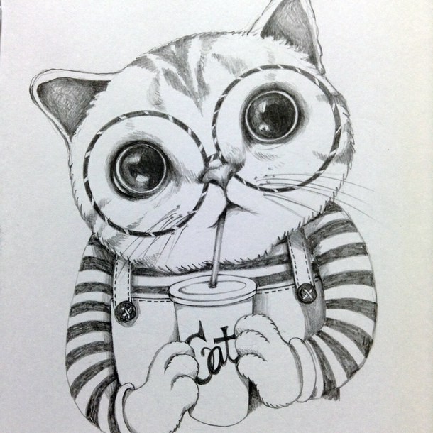 Cute black-and-white cartoon dressed drinking animal in glasses tattoo design